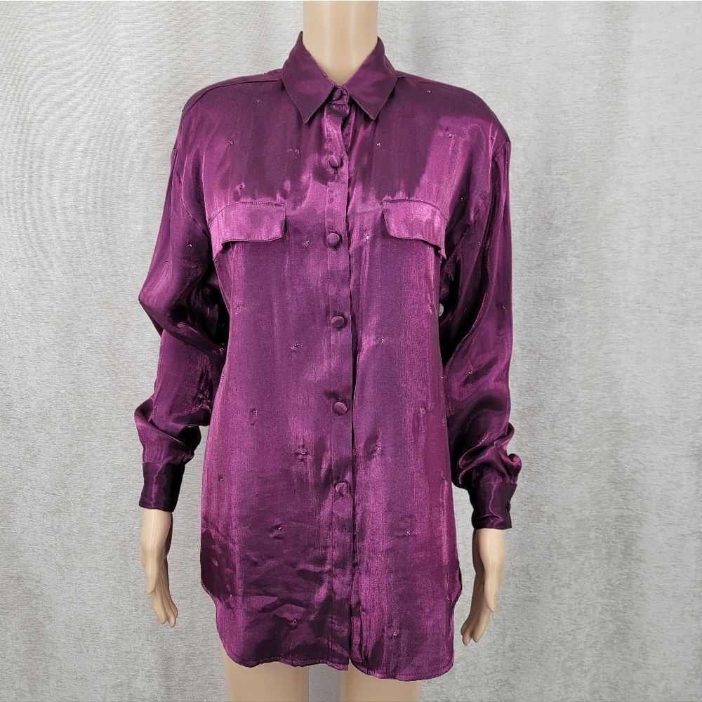 Vintage Metallic Purple Satin Button Up Shirt Blouse Rhinestone Studs Whimsigoth